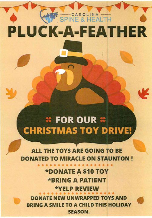 Pluck-A-Feather Christmas Toy Drive 2020 flyer